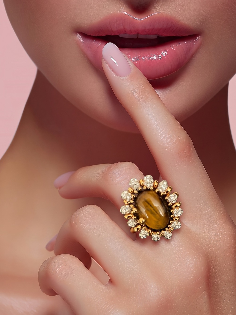 Camille Lucie Gold-Tone Tiger's Eye Statement Ring with Crystal Halo